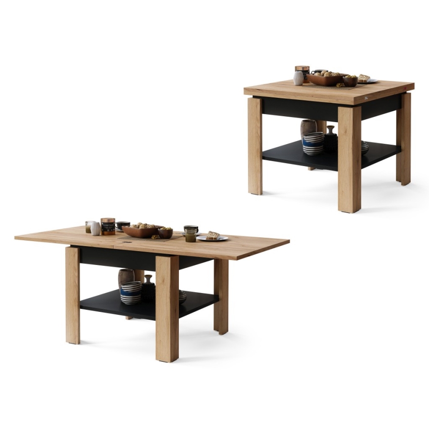Laajennettava konferenssi-/ruokapöytä LIA tammi craft/musta, säilytyshyllyllä