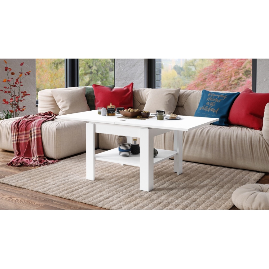 Laajennettava konferenssi-/ruokapöytä LIA valkoinen, jossa säilytyshylly