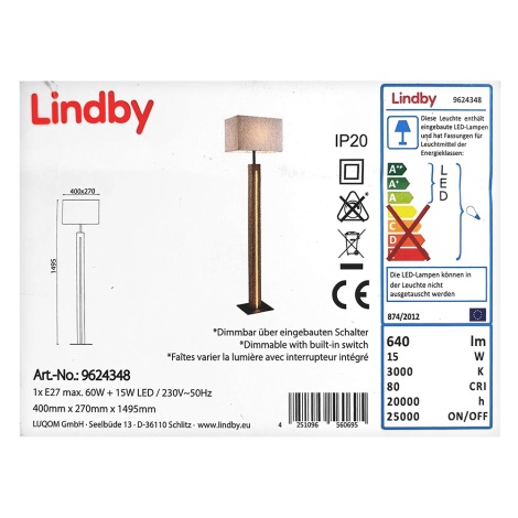 Lindby - Himmennettävä LED-lattiavalaisin GARRY 1xE27/60W/230V + LED/15W/230V