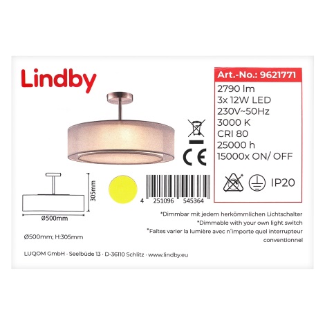 Lindby - LED-himmennettävä kattokruunu tangossa PIKKA 3xLED/12W/230V