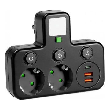LINEA PRO -jatkoskisko, 2× SCHUKO-pistorasiaa + 3× USB (A ja C), kytkimellä ja LED-valaistuksella, 4000 K, musta