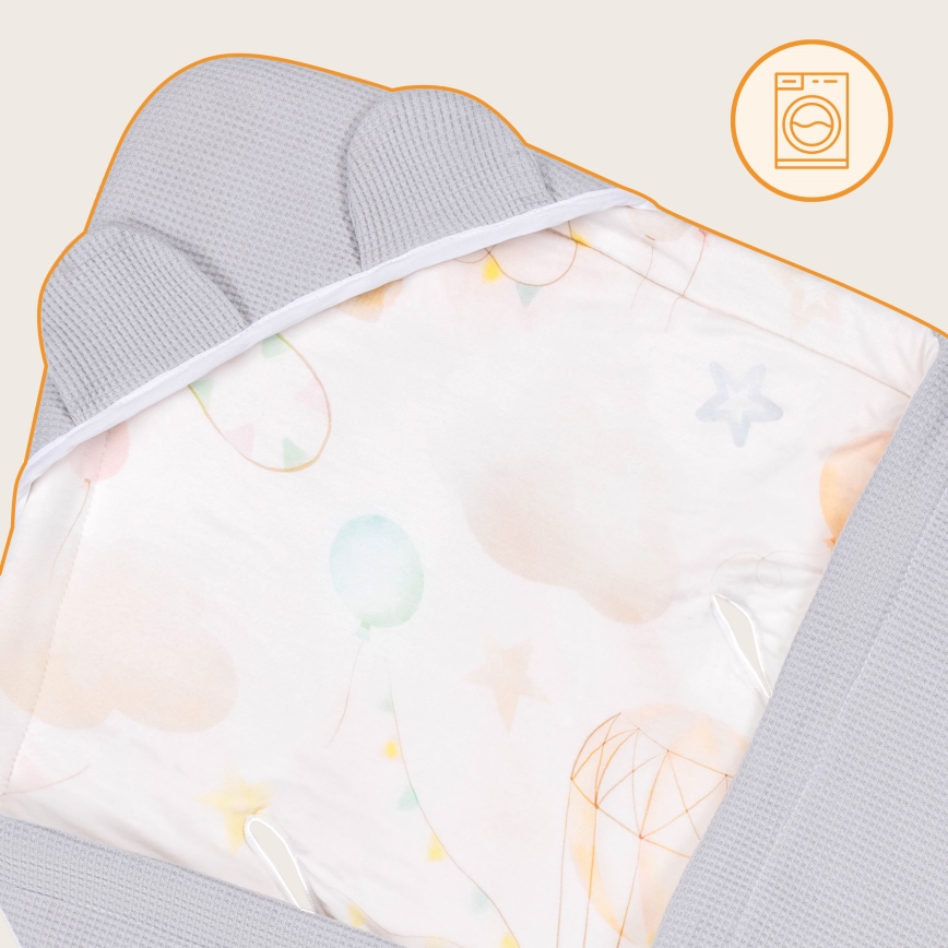 Lionelo - Kapalo turvaistuimeen TRAVEL SWADDLE 90x90 cm Harmaa Ilmapallo