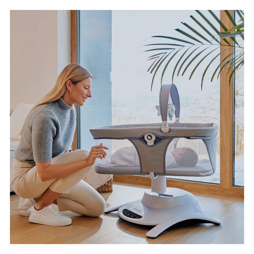 Lionelo - BELLA 2-in-1 lasten keinu musiikkitoiminnolla, 4xAA, betoniharmaa + kaukosäädin