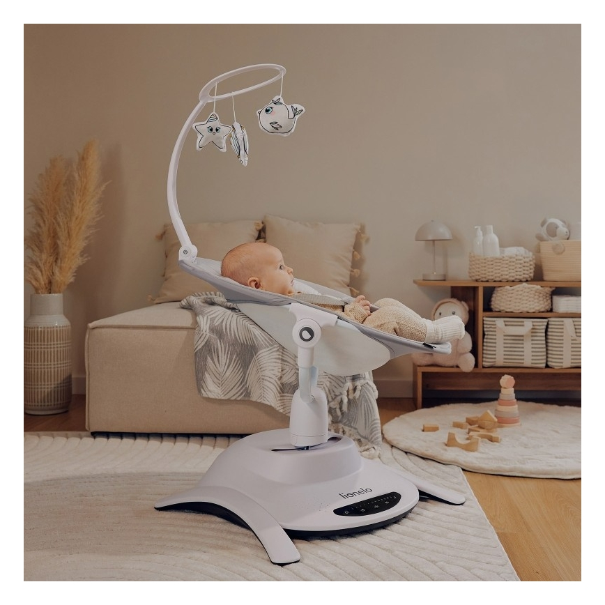 Lionelo - BELLA 2-in-1 vauvan keinu melodiatoiminnolla 4xAA betoniharmaa + kaukosäädin