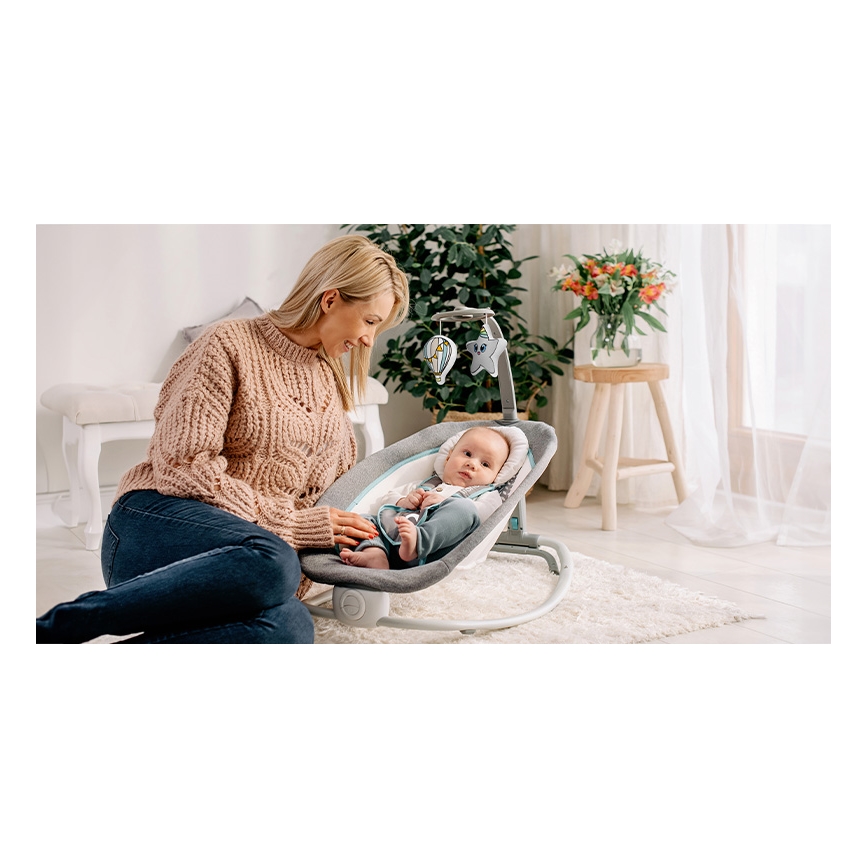 Lionelo - Lasten värisevä keinu melodialla PASCAL 2xAA harmaa/turkoosi