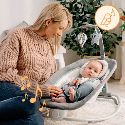 Lionelo - Lasten värisevä keinu melodialla PASCAL 2xAA harmaa/turkoosi