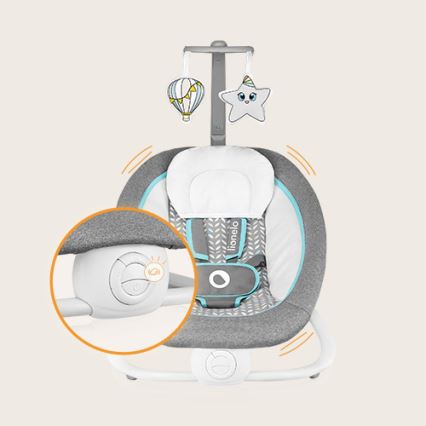 Lionelo - Lasten värisevä keinu melodialla PASCAL 2xAA harmaa/turkoosi