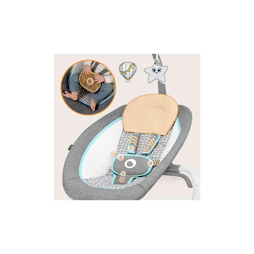 Lionelo - Lasten värisevä keinu melodialla PASCAL 2xAA harmaa/turkoosi