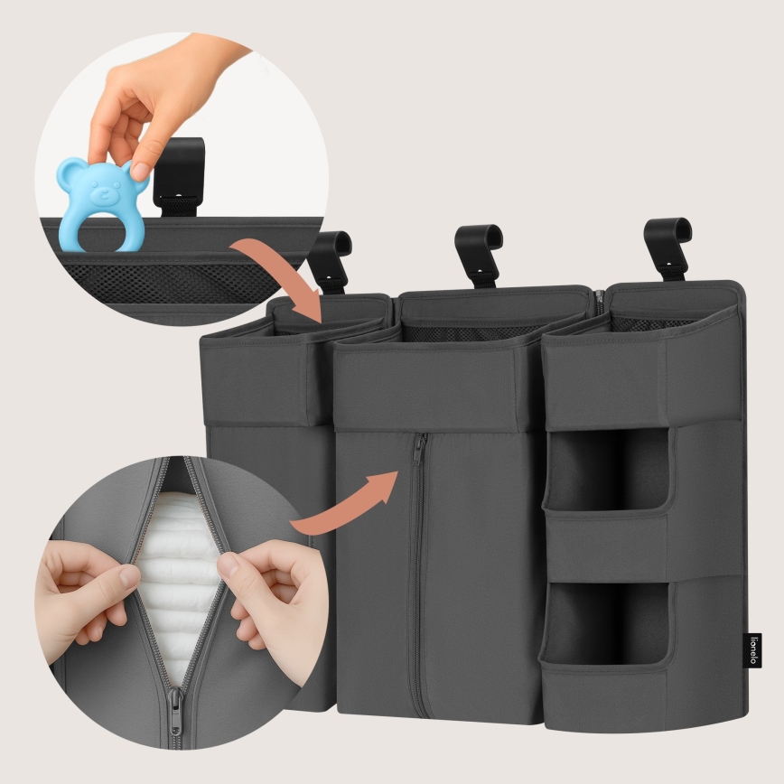 Lionelo - SIDEPOCKET 3-in-1 pinnasängyn järjestäjä, harmaa