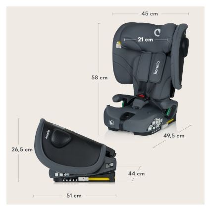 Lionelo - Taitettava turvaistuin NELLY i-Size 76-150 cm Harmaa grafiitti