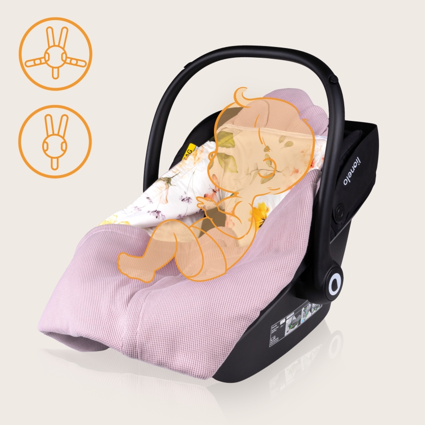 Lionelo - TRAVEL SWADDLE 90x90 cm turvaistuimeen tarkoitettu käärepeitto, vaaleanpunainen kukkakuosi