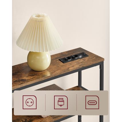 LUVOR konsolipöytä, sisäänrakennetuilla laatikoilla ja USB‑porteilla, 80x20 cm, ruskea/musta