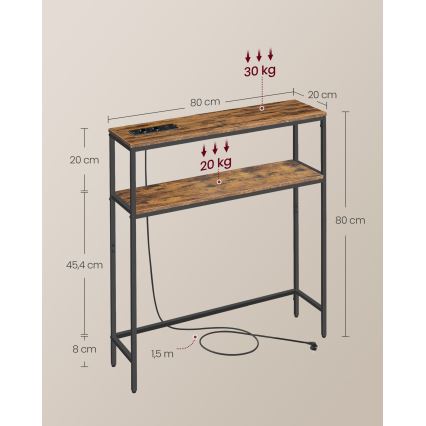 LUVOR konsolipöytä, sisäänrakennetuilla laatikoilla ja USB‑porteilla, 80x20 cm, ruskea/musta