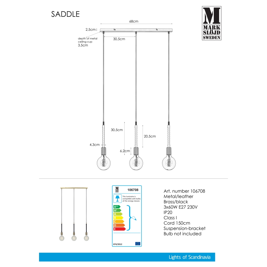 Markslöjd 106708 - Kattokruunu narulla SEDLO 3xE27/60W/230V