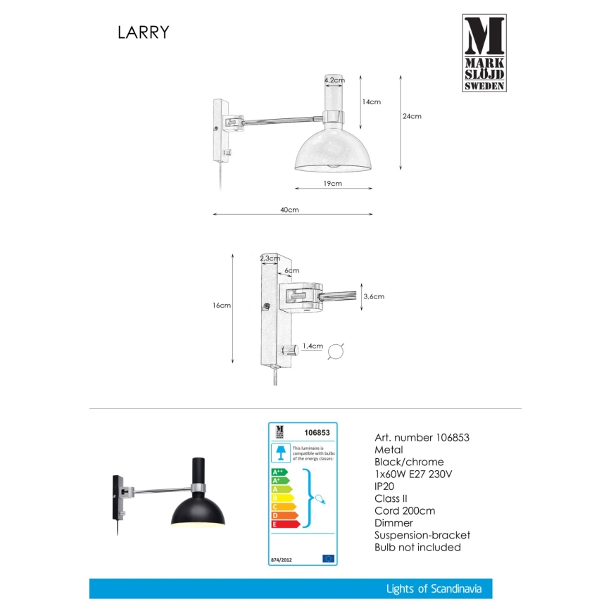 Markslöjd 106970 - Himmennettävä seinävalaisin LARRY 1xE27/60W/230V