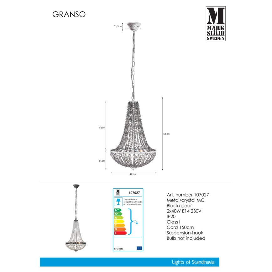 Markslöjd 107027 - Kristalli-ketjukattokruunu GRÄNSÖ 2xE14/40W/230V