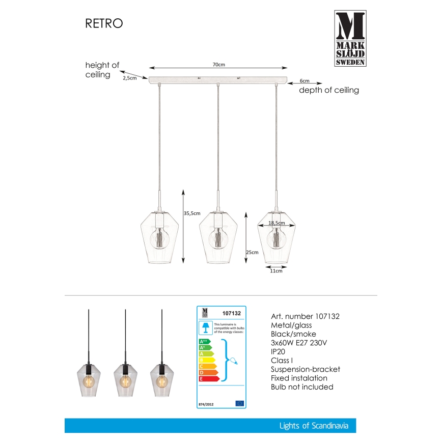 Markslöjd 107132 - Kattokruunu narulla RETRO 3xE27/60W/230V
