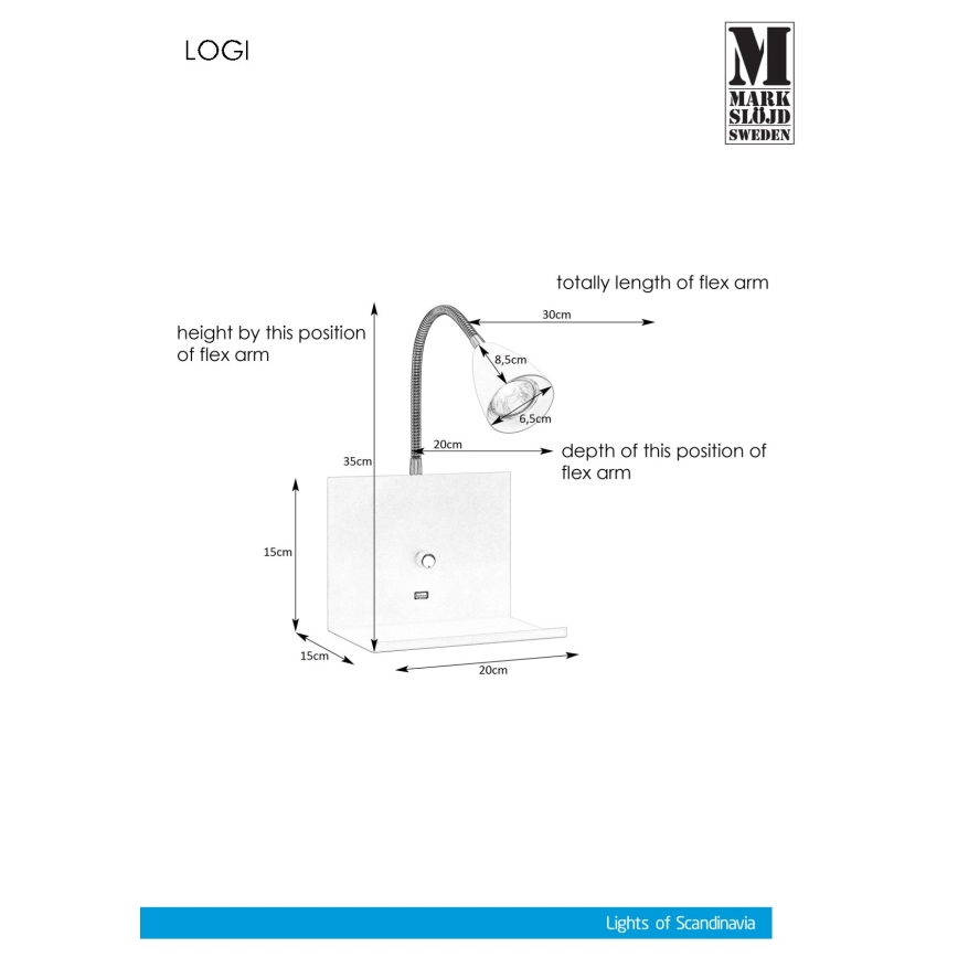 Markslöjd 107140 - Himmennettävä seinävalaisin USB LOGI 1xGU10 / 7W / 230V