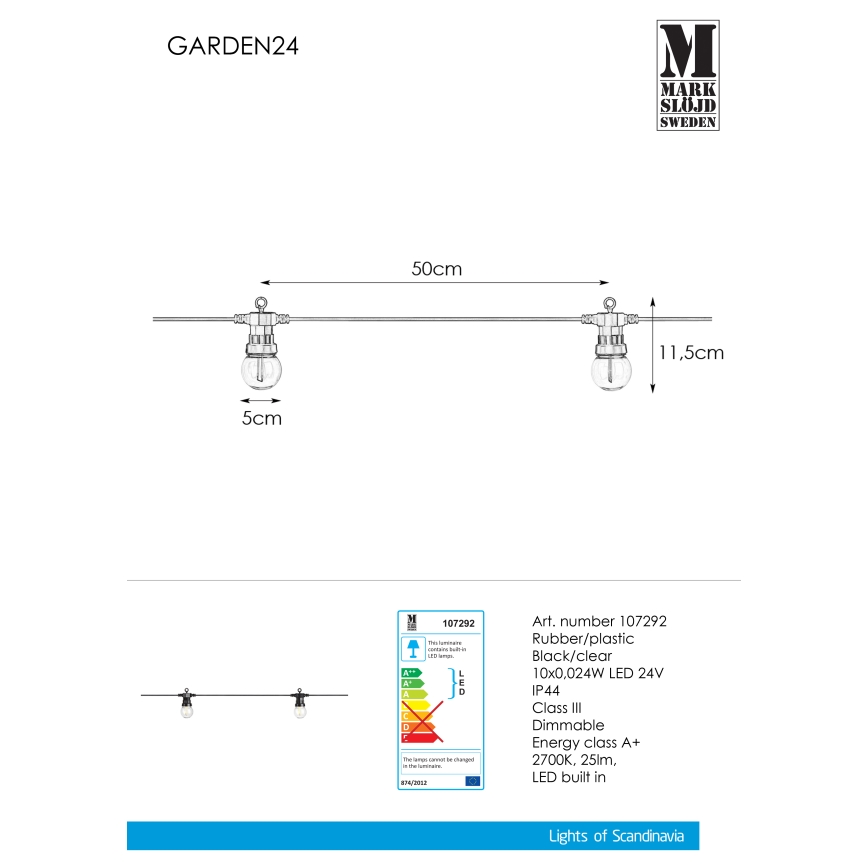 Markslöjd 107292 - LED koristeketju ulkokäyttöön SEPPELE GARDEN 10xLED 5,5m IP44