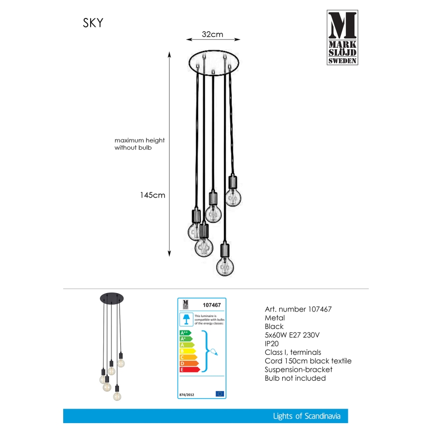 Markslöjd 107467 - Kattokruunu narulla SKY 5xE27/60W/230V