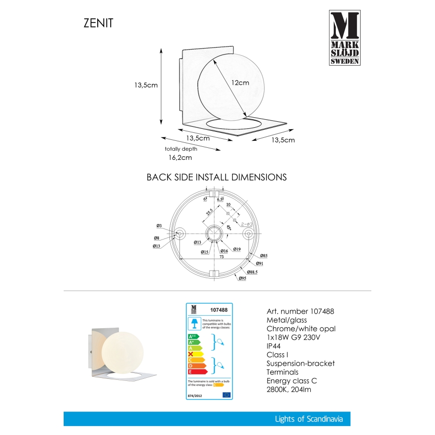 Markslöjd 107488 - Kylpyhuoneen seinävalaisin ZENIT 1xG9/18W/230V IP44