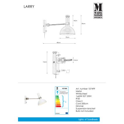 Markslöjd 107499 - Himmennettävä seinävalaisin LARRY 1xE27/60W/230V
