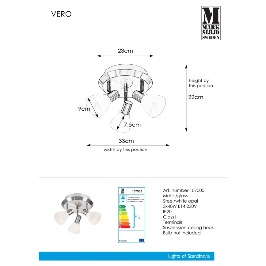 Markslöjd 107505 - Kohdevalo VERO 3xE14/40W/230V kiiltävä kromi