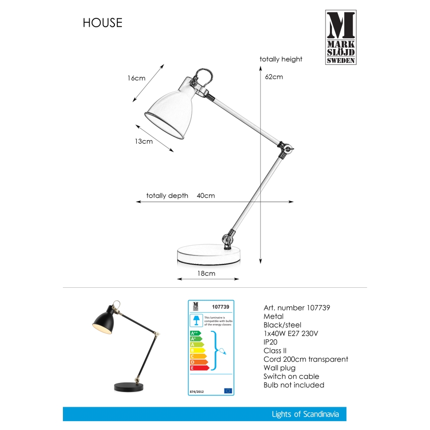 Markslöjd 107739 - Pöytävalaisin HOUSE 1xE27/40W/230V
