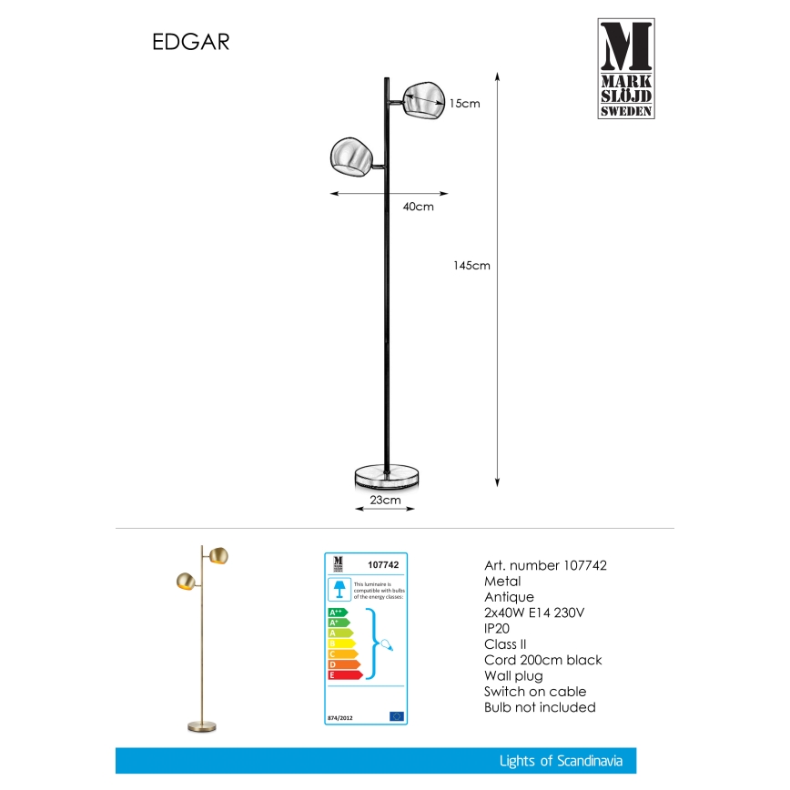 Markslöjd 107742 - Lattialamppu EDGAR 2xE14/40W/230V