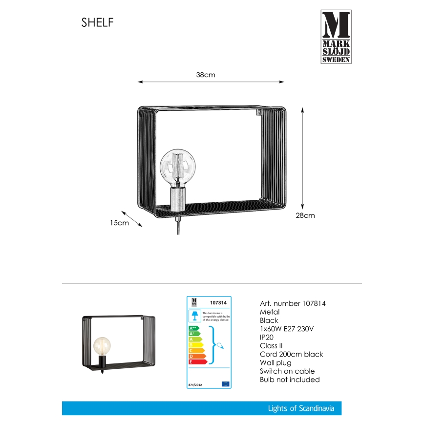 Markslöjd 107814 - Seinävalaisin SHELF 1xE27/60W/230V