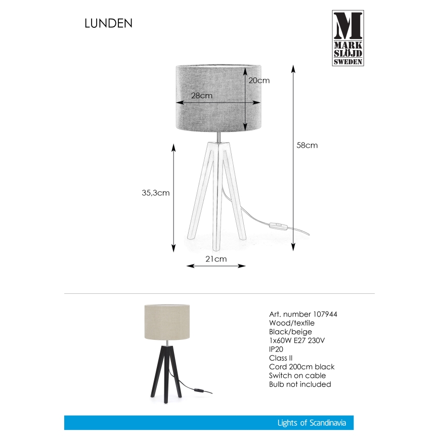 Markslöjd 107944 - Pöytävalaisin LUNDEN 1xE27/60W/230V
