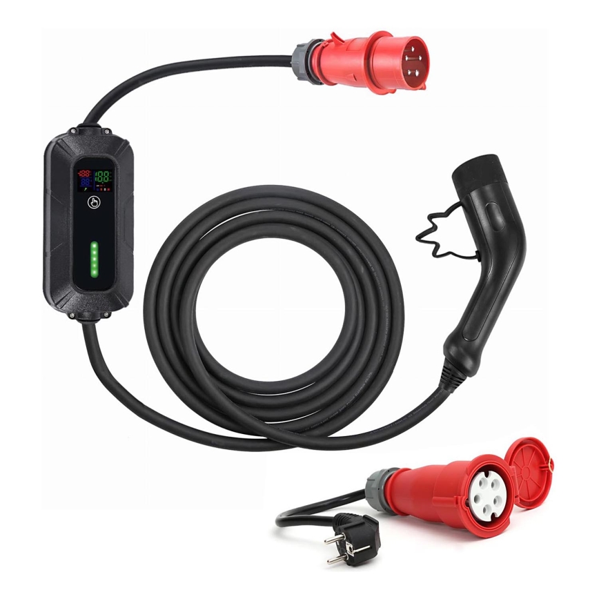 Matkakäyttöön tarkoitettu kannettava latausasema sähköautoille (EV/PHEV) AC Type 2 -liittimellä 32 A / 400 V, 22 kW, IP55, 5 m + 230 V 3,7 kW -adapteri + kotelo