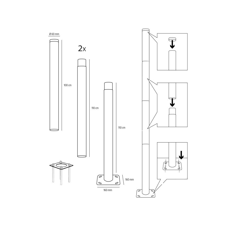 Metallinen pylväs ulkovalaistukseen BASE, 4 m, Ø 60 mm, musta
