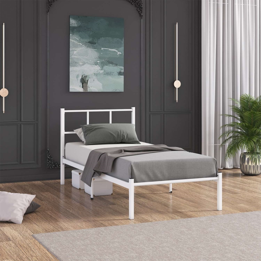 Metallinen yhden hengen sänky ROVAN 90 x 200 cm, valkoinen, kantavuus 120 kg