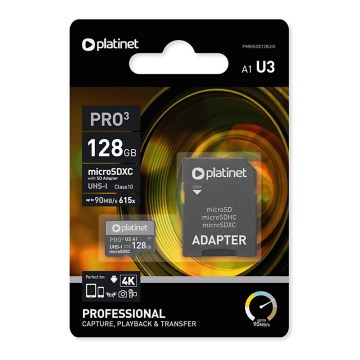 MicroSDXC 128GB U3 Pro A1 90MB/s + SD adapteri