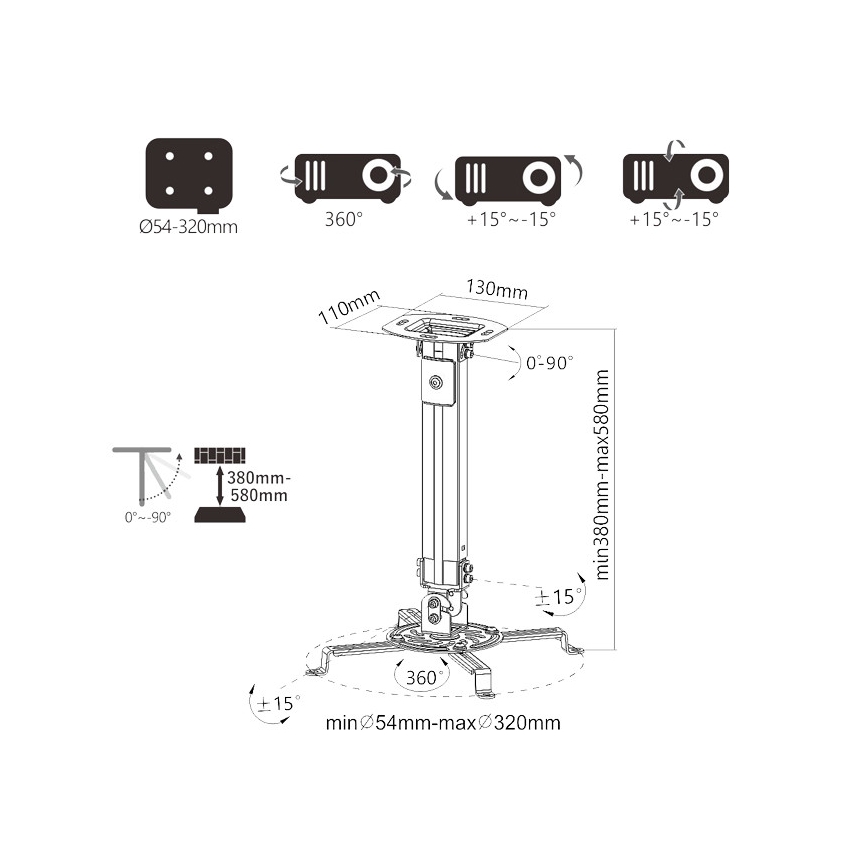 MK FLORIA Superior SUPSTV013 - Kattoon asennettava projektoriteline, musta