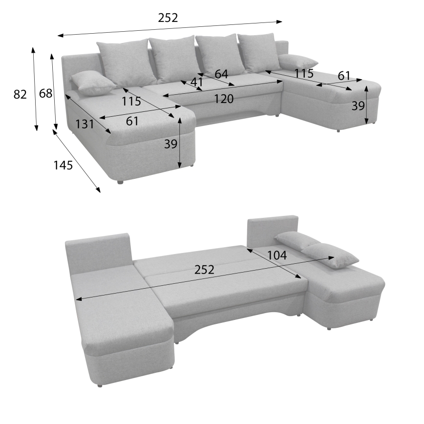 Monikäyttöinen U-muotoinen vuoteeksi avattava kulmasohva säilytystilalla ALMEIDA antrasiitti