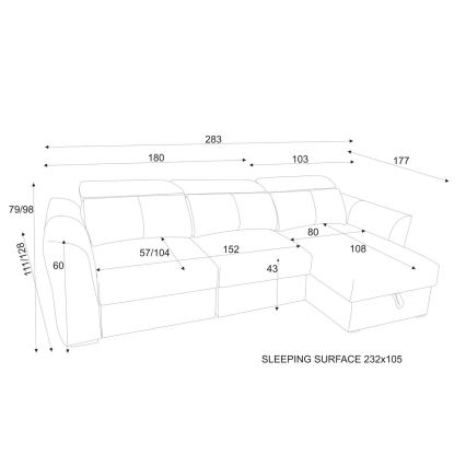 Monikäyttöinen kulmasohva TRENTO, vuoteeksi avattava kolmipaikkainen säilytystilalla, vaaleanharmaa
