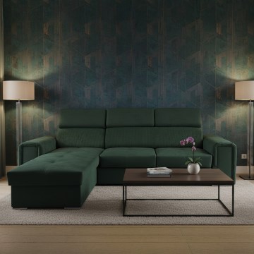 Monikäyttöinen L-muotoinen levitettävä kulmasohva säilytystilalla SALVADA, vihreä