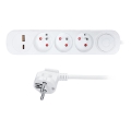 Monipuolinen jatkojohto 3 pistorasialla ja katkaisijalla, USB A- ja C-latauksella, 2 m