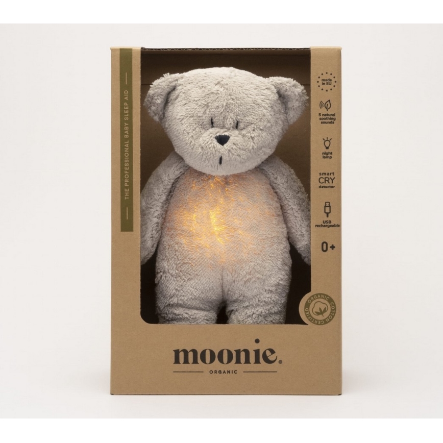 Moonie - Snuggle buddy melodialla ja valolla pieni karhu 2.0 organic harmaa