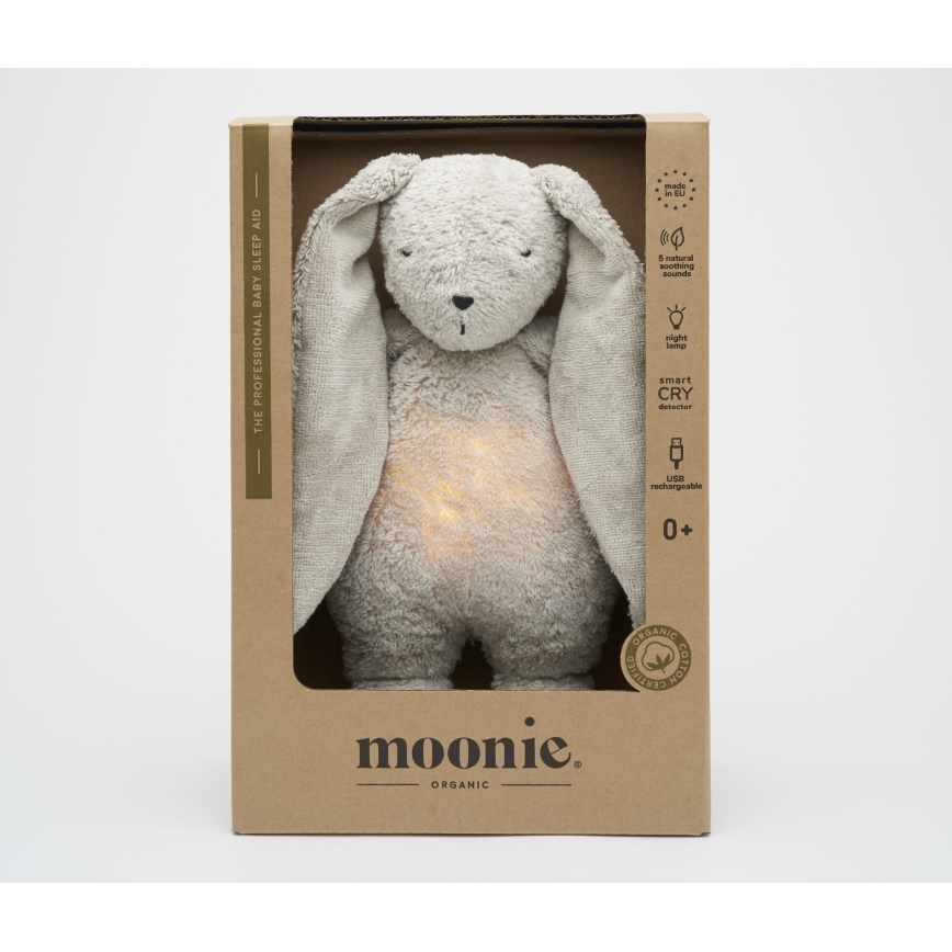 Moonie - Snuggle buddy melodialla ja valolla pupu 2.0 organic harmaa
