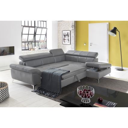 Kulmasohva nahkaa, avattava, L-mallinen SALERNO II oikea, harmaa