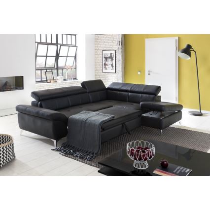 Nahkainen kulmasohva L-mallinen SALERNO II oikea musta, avattava