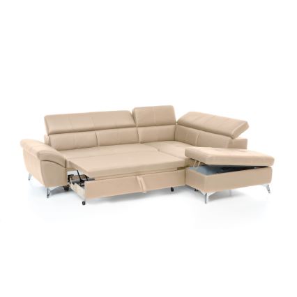 Nahkainen kulmasohva L-mallinen SALERNO II oikea beige, avattava