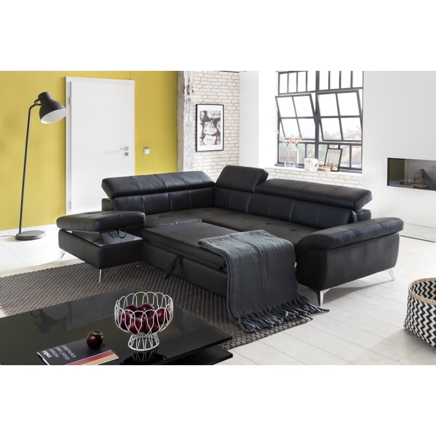 Nahkainen kulmasohva L-mallinen SALERNO II vasen musta, avattava