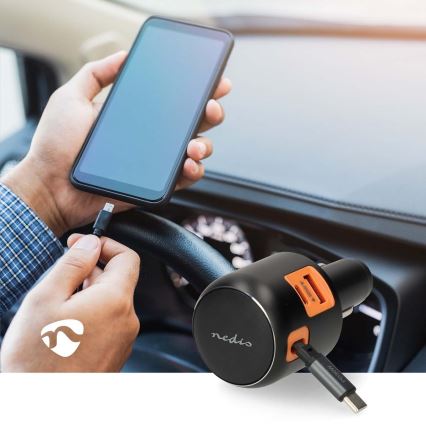 Tehokas autolaturi sisäänvedettävällä kaapelilla – Power Delivery 30 W, 2x USB-C + 1x USB-A