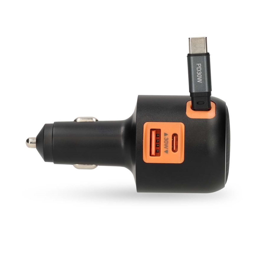 Tehokas autolaturi sisäänvedettävällä kaapelilla – Power Delivery 30 W, 2x USB-C + 1x USB-A