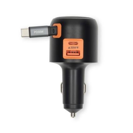 Tehokas autolaturi sisäänvedettävällä kaapelilla – Power Delivery 30 W, 2x USB-C + 1x USB-A