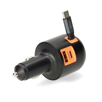 Tehokas autolaturi sisäänvedettävällä kaapelilla – Power Delivery 30 W, 2x USB-C + 1x USB-A